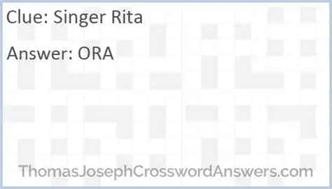  The Crossword Solver found 30 answers to " Your song" singer Rita", 3 letters crossword clue. The Crossword Solver finds answers to classic crosswords and cryptic crossword puzzles. Enter the length or pattern for better results. Click the answer to find similar crossword clues . Enter a Crossword Clue. 